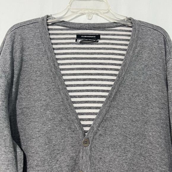 Club Monaco Cardigan Sweater Womens XL Gray Cotton Striped Lining Academia Y2K - Picture 2 of 12